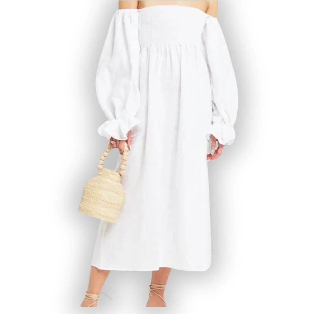 o.p.t. Athena White Smocked Off The Shoulder Puff Sleeve Midi Dress Sz XL